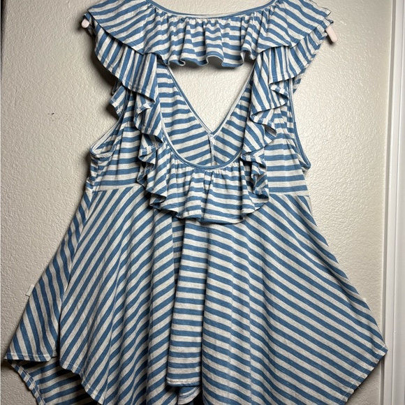 FP Beach Soft Blue Striped Tunic/Dress/Coverup. Open Back Detail, Ruffle Front. - Picture 9 of 16